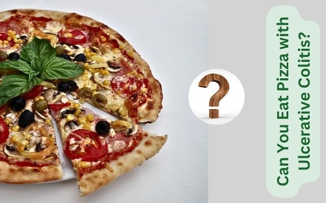 Can You eat pizza with Ulcerative Colitis? the image has two parts: one is pizza and other is letters. between in this two has a question mark.